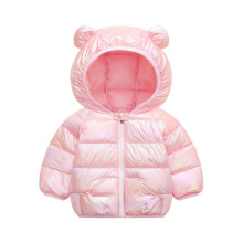 Kids Puffer Jacket with Hood and Bear Ear Design Lightweight Warm Outerwear for Boys and Girls Zip Closure Padded Coat Style #E068 Pink 120