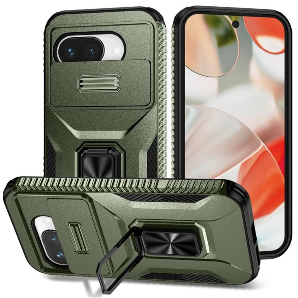 Slim Shockproof Hybrid Case For Google Pixel 9A Â Slide Camera Cover, Rotating Ring Kickstand, Military-Grade, Alpine Compatible With Google Green 9485826612728