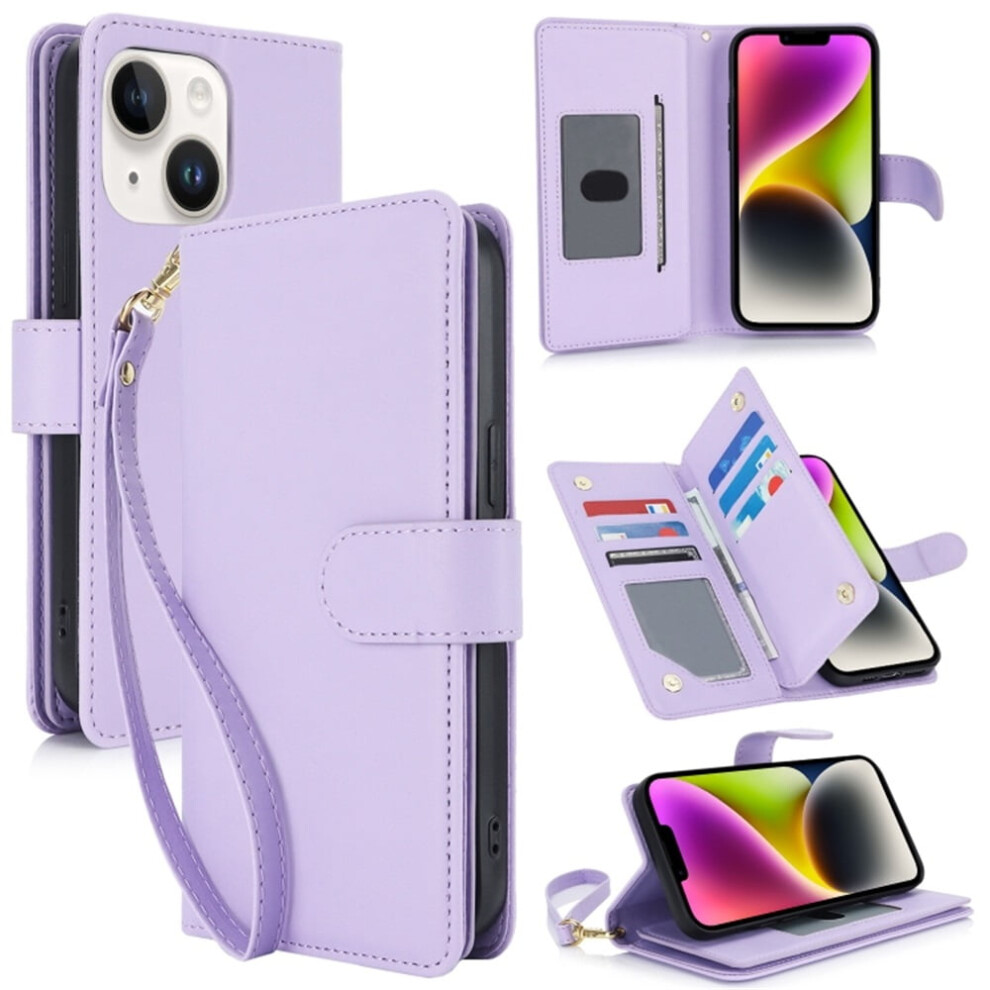 Light Leather Wallet Case For Iphone 14 Plus 6.7": Magnetic Flip, Rfid Blocking, Kickstand, Anti-Drop Tpu, Detachable Wrist Strap Â Purple 9485826613244