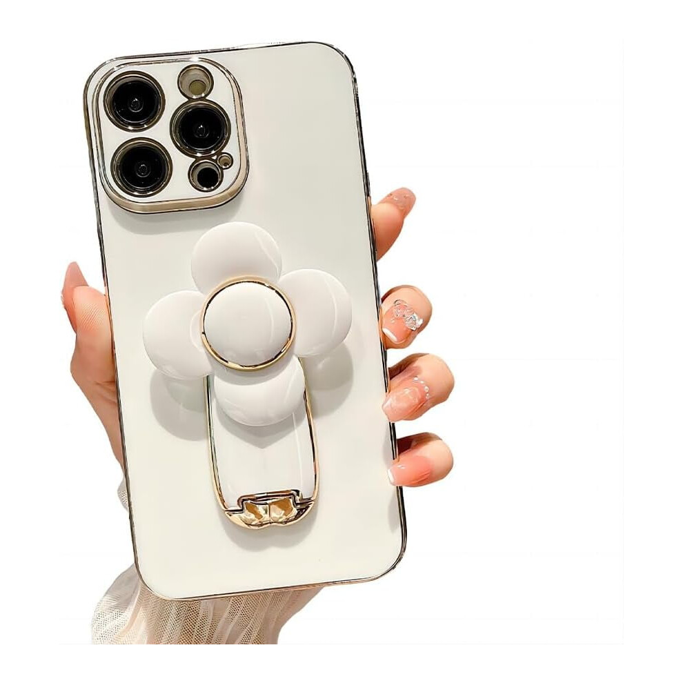 Iphone 15 Case Electroplated With 3D Flower Kickstand White 9336866047073