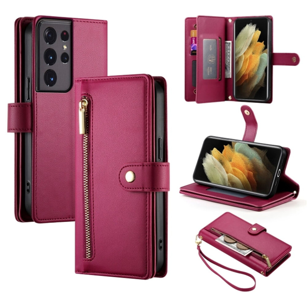 Leather Wallet Case For Samsung Galaxy S21 Ultra 5G (6.8") Â Multi-Card Slots, Zipper Pocket, Lanyard & Wristlet Red 9558633022544