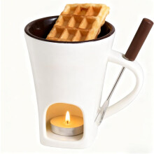 Chocolate Fondue Mug Set – Ceramic Melting Cup + Tealight + Forks, Heat-Resistant, Perfect Gift for Valentine's, Birthdays, Anniversaries (White)