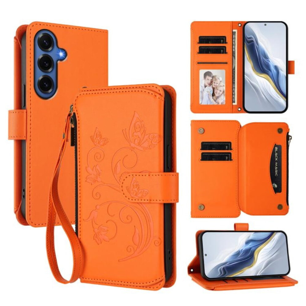 Magnetic Clasp Flip Stand Case For Compatible With Samsung Galaxy S26+ 5G Â Lanyard, 5-Card Holder, Butterfly Flower Zipper Wallet Orange 9152228512719