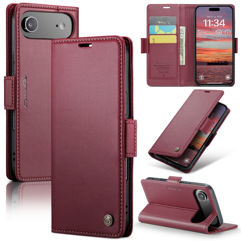 Caseme Leather Wallet Case With Rfid Blocking For Compatible With Iphone Air – Wine Magnetic Clasp & Kickstand Red 9485826614036