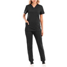 asdoklhq Scrubs for Women Solid Color Loose Drawstring Pants Pocket Caregiver Short Sleeve V-Neck Blouses Nursing Uniform Set Black M