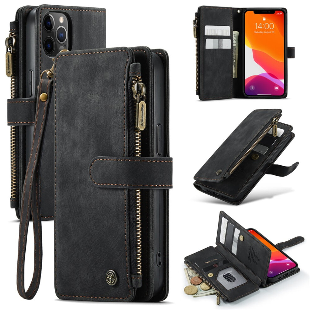 Caseme Wallet Case For Iphone 12/12 Pro (6.1") Â Pu Leather, Magnetic Flip, Lanyard Strap, Zipper Card Holder, Black 9418476675928