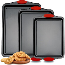 Non-Stick Baking Sheets Set of 3, Black Carbon Steel, Commercial Grade, Red Silicone Handles – Compatible with Oven