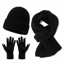 Solid Color Winter Knit Set, Fleece Lined Ear Warmer Hat, Touchscreen Gloves with Open Tips, Matching Scarf, 3-Piece Men's & Women's Set Black