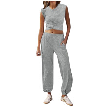 Women's 2 Piece Set Summer Outfits Lounge Sets Ruched Short Sleeve Tops High Waisted Wide Leg Pants Tracksuit Sets Grey, L