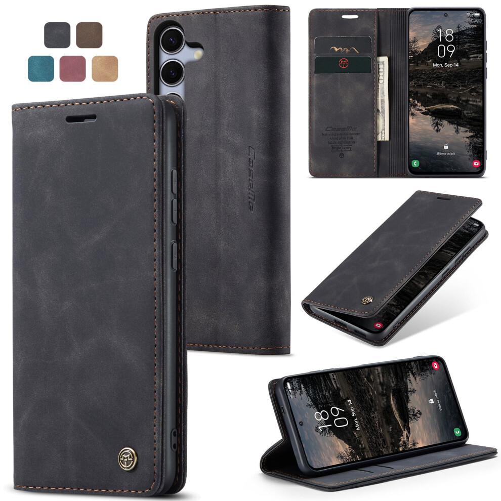 Caseme Leather Flip Wallet Case For Compatible With Samsung Galaxy S25 5GâMagnetic, Card Holder, Kickstand, Shockproof, Black 9485826613497