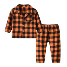 Unisex geruite pyjamaset voor peuters – katoenen top met lange mouwen en broek, reverskraag, knoopsluiting aan de voorkant, oranje, maat 6T,