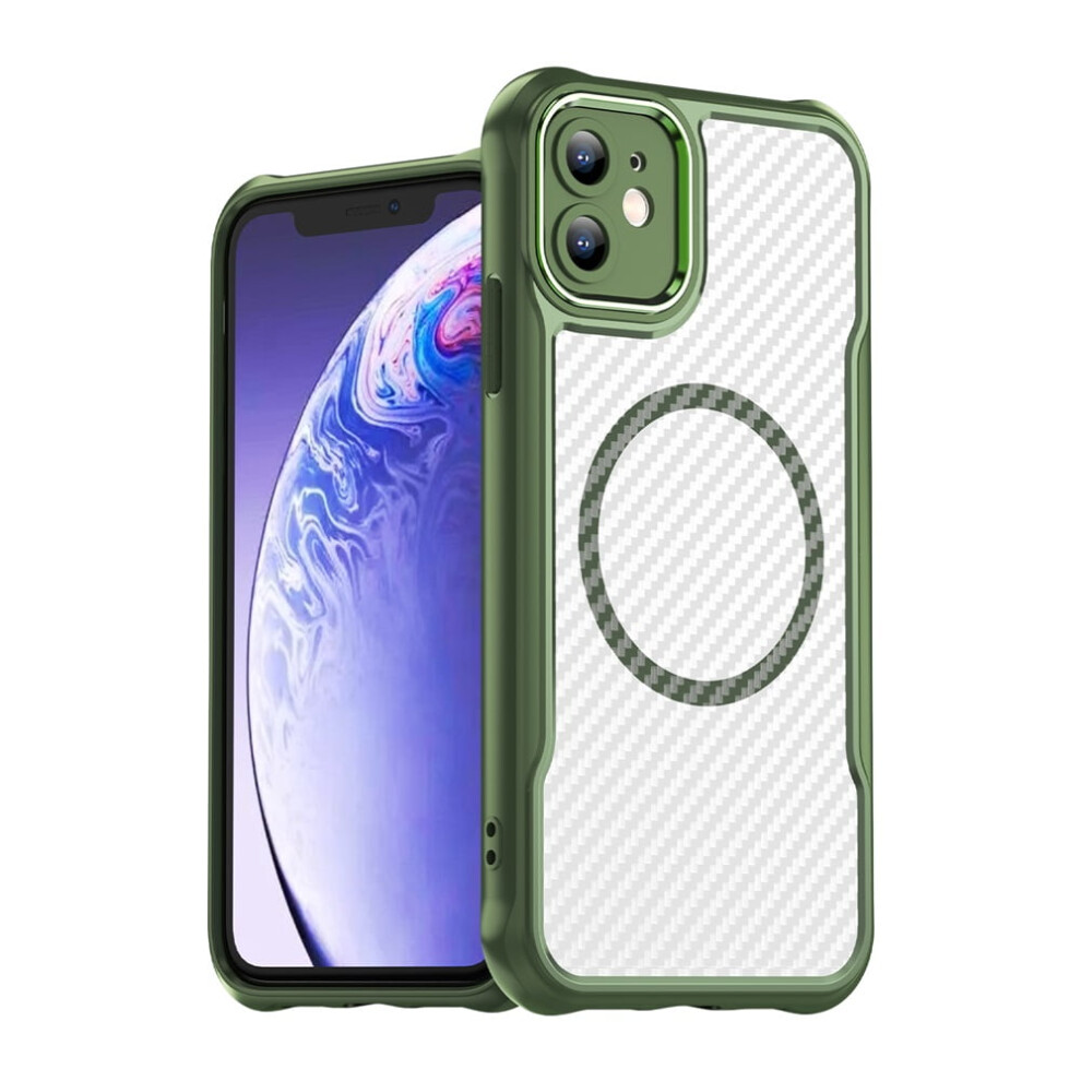 Carbon Fiber Magnetic Case For Iphone 11, Magsafe Compatible, Translucent Matte Anti-Fingerprint, Slim Shockproof, Green 9418476675768