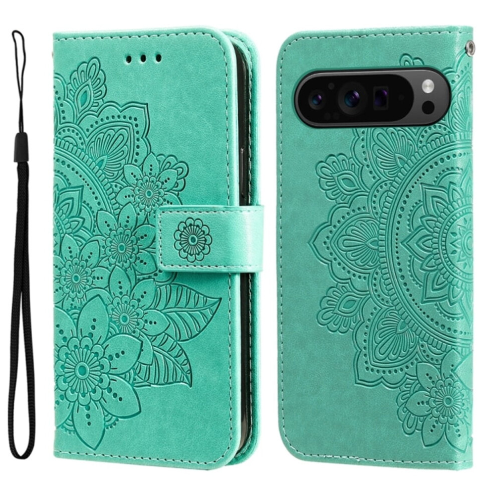 Pu Leather Flip Wallet Case For Google Pixel 9 6.3", With Magnetic Closure, Card Slots, Hanging Rope & Seven Petal Flower EmbossingâCompatible Green 9152228509399