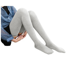 Fleece-Lined Thigh-High Tights for Women, Light Gray, One Size – Compatible with Cold Weather