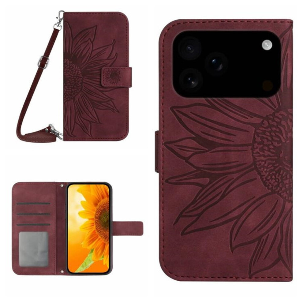 Sunflower Embossed Pu Leather Flip Wallet Case With Magnetic Closure, Card Slots & Hanging Rope Â Wine Compatible With Iphone 17 Pro Red 9152228510517