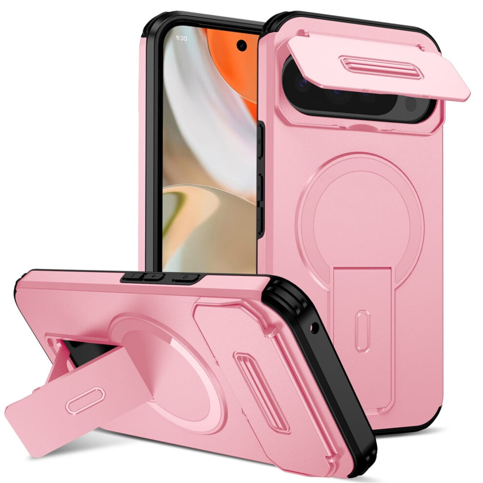 Rugged Case For Google Pixel 9 Pro Xl 6.8" With Fold Holder, Magsafe Charging, Sliding Camera Cover, Shockproof & Dropproof Pink 9152228512511