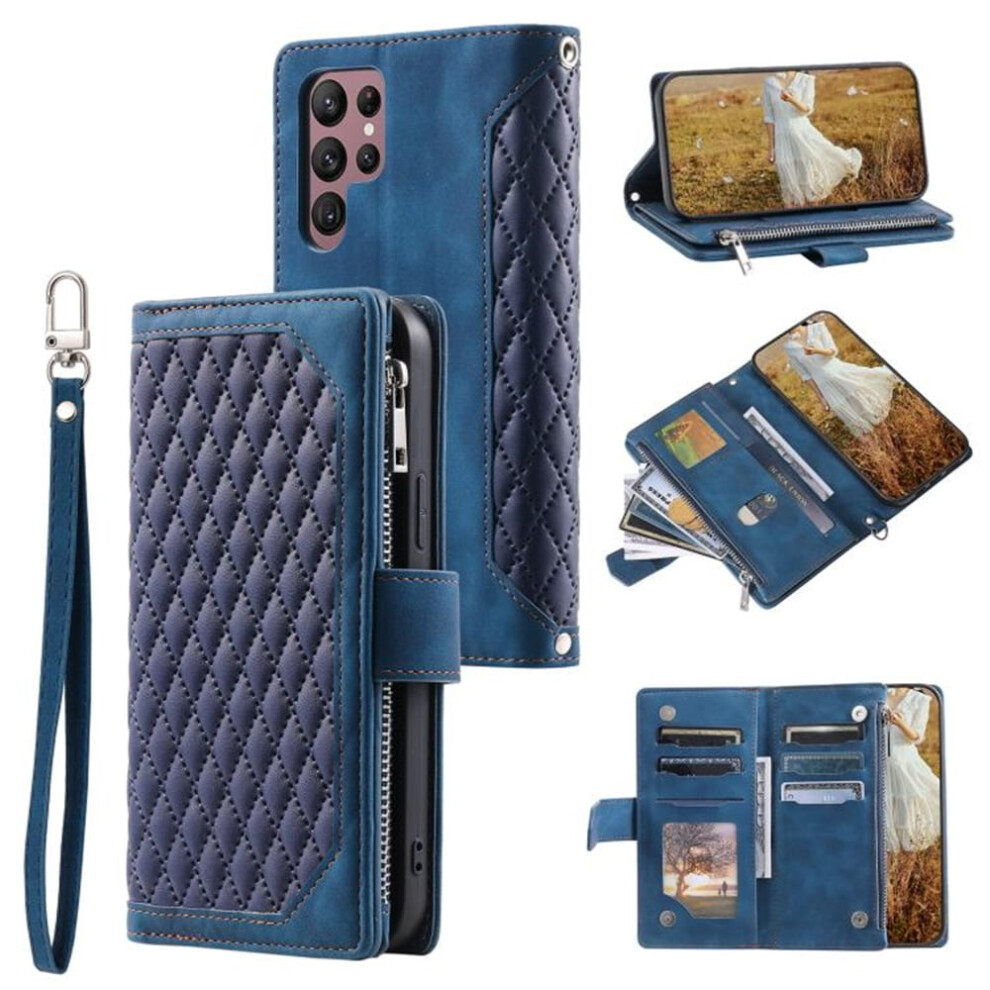 Compatible With Samsung Galaxy S25 Ultra 5G Pu Leather Flip Wallet CaseâCheckered, 6-Card Slots, Kickstand, Wrist Strap, Zipper, Blue 9152228511934