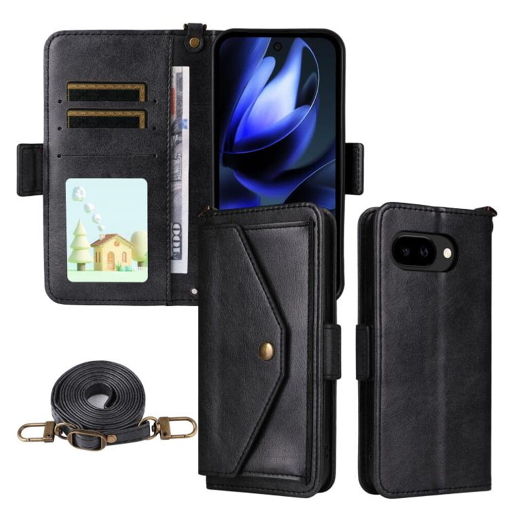 Vintage Leather Wallet Case For Google Pixel 9A – Shockproof, Multi-Card Slots, Hidden Button Pocket, Detachable Strap, Compatible With Pixel Black 9152228511828