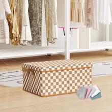 Square Fabric Storage Box with Lid, Brown/White, Steel Frame, Foldable, Compatible with Home Organization