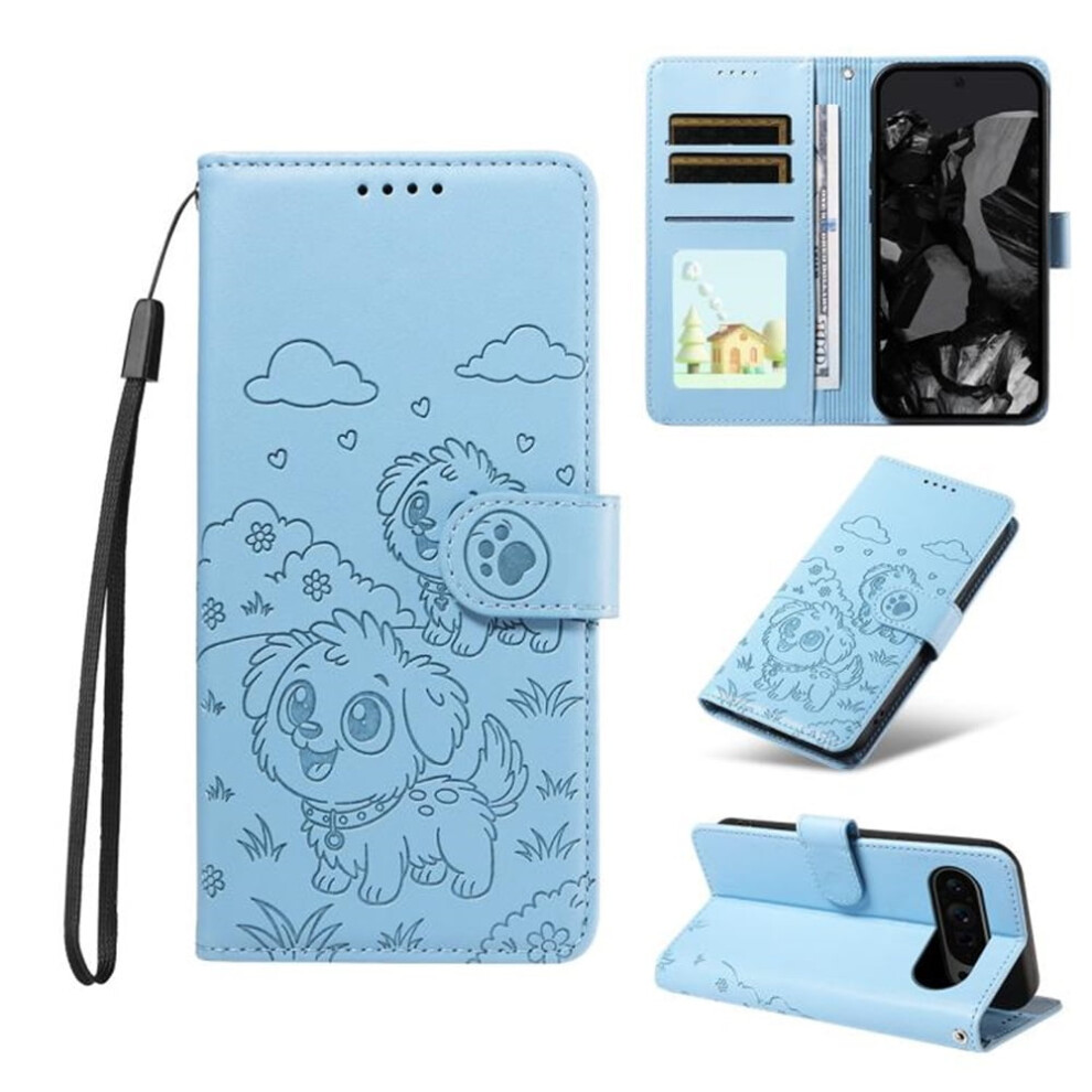 Google Pixel 9 Dog Embossing Leather Case With Rfid Wallet, Magnetic Clasp, Lanyard & Flip Stand Â Compatible With Google Pixel 9 Blue 9152228511149