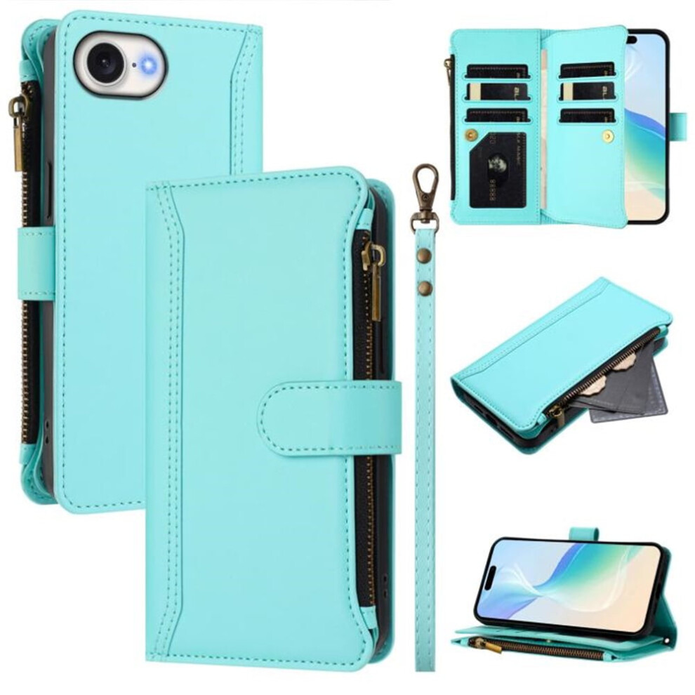 Iphone 16E Wallet Case Â Pu Leather Magnetic Flip Cover With 9 Card Slots, Zipper Pocket, Detachable Wrist Strap, Shockproof, Mint Compatible Green 9193271813828