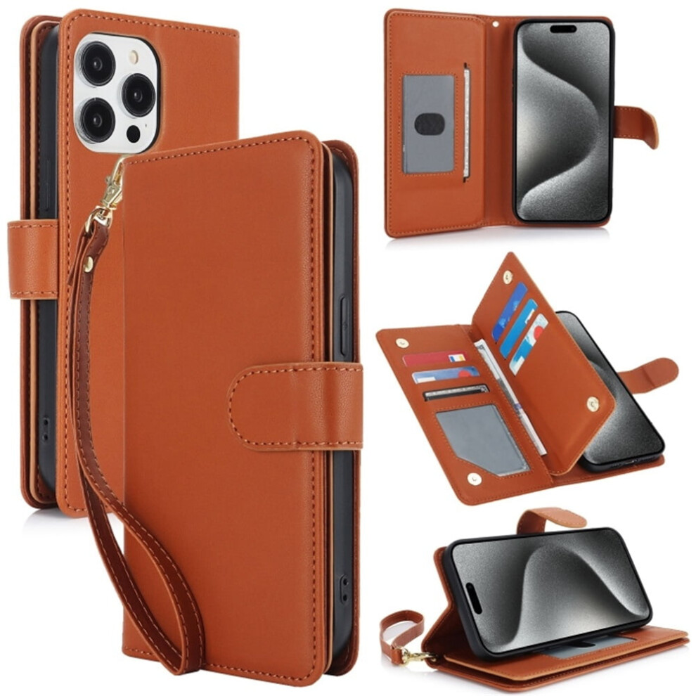 Leather Magnetic Flip Wallet Case For Iphone 15 Pro Max 6.7": Rfid Blocking, Kickstand, Anti-Drop Tpu, Detachable Wrist Strap, Brown 9485826610588