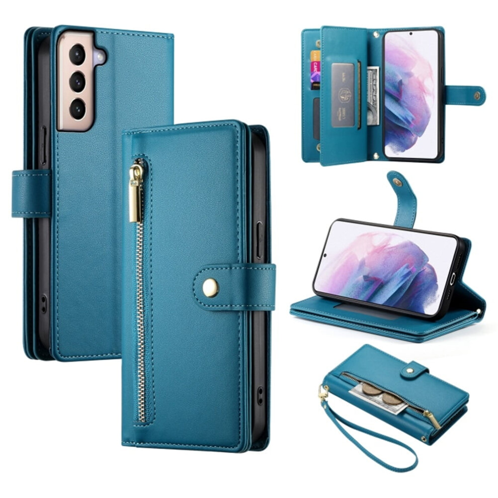Leather Wallet Case For Samsung Galaxy S21+ 5G (6.7"), With Multi-Card Slots, Zipper Pocket, Lanyard & Wristlet Blue 9193271814368