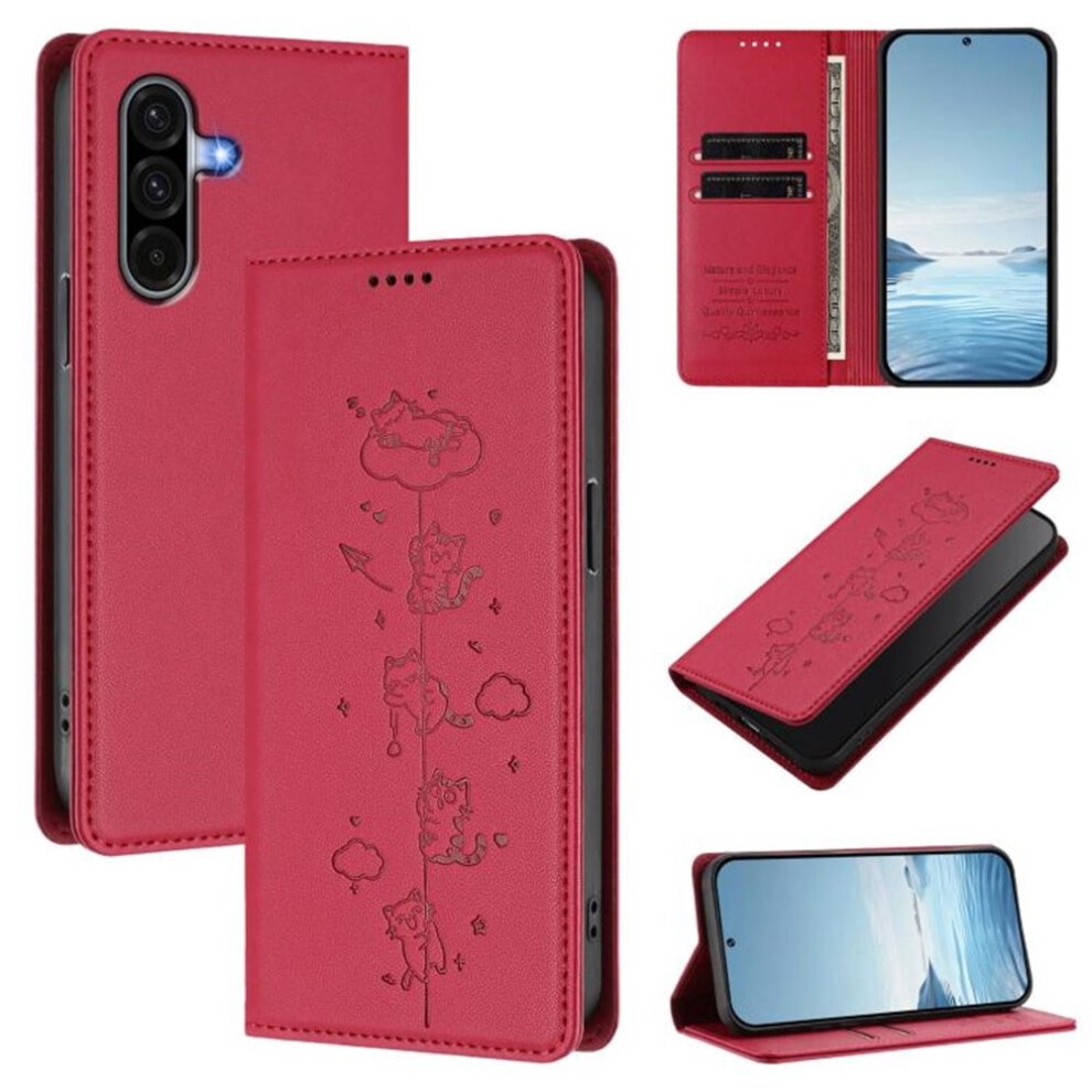 Leather Flip Wallet Case For Samsung Galaxy A17 4G/5G Â Rfid Blocking, Cat-Embossed, Magnetic Closure, Card Holder, Red 9193271814900