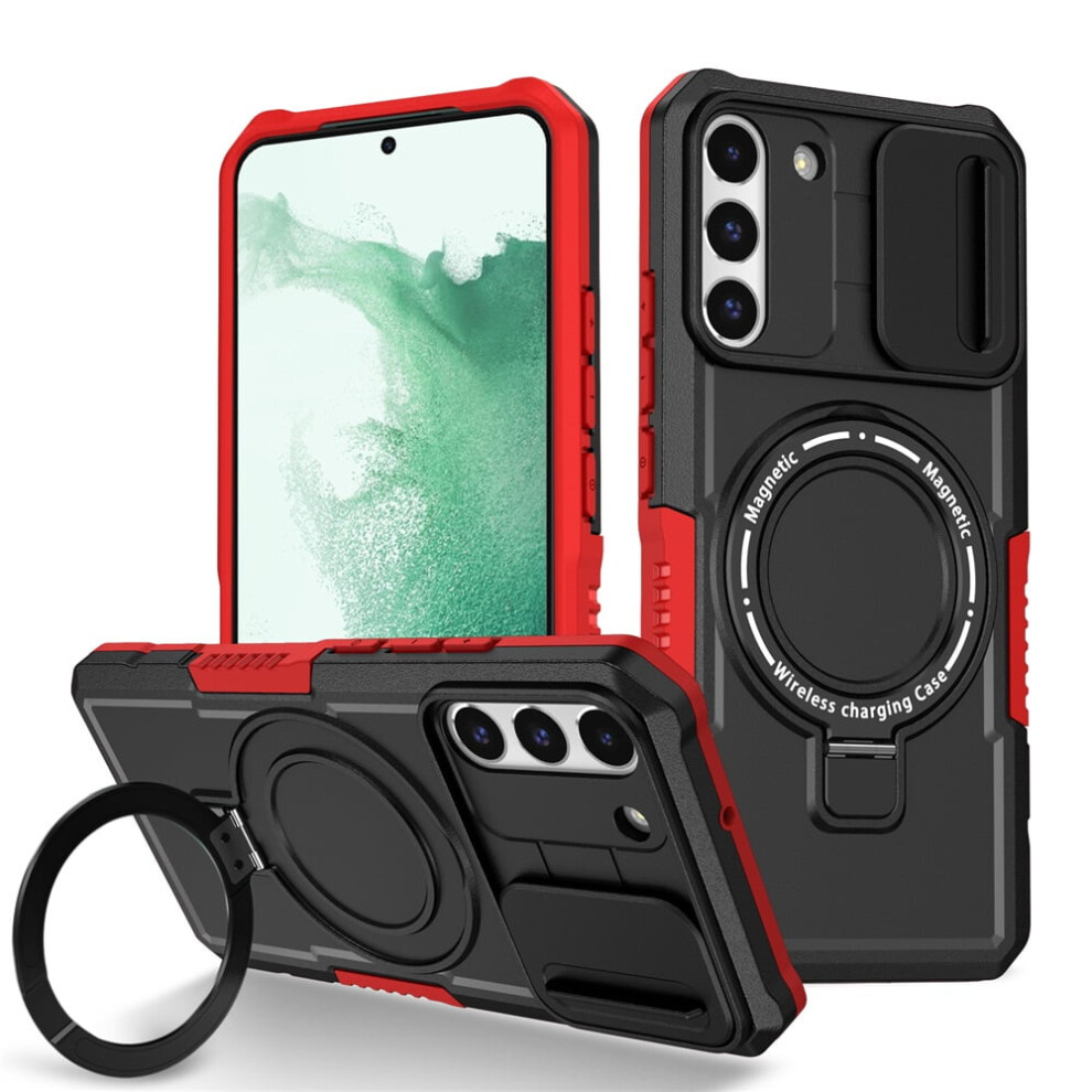 Samsung Galaxy S22 Plus 6.6" Case – Sliding Camera Cover, Magsafe Compatible, Shockproof, Kickstand & Ring Holder, Black/Red 9418476672057