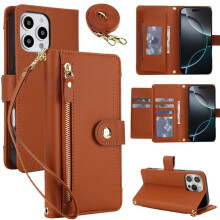 RFID Blocking Wallet Case for iPhone 15 Pro Max 6.7", Shockproof, Multi-Card Slots, Zipper Pocket, Detachable Shoulder & Wrist Straps, Brown