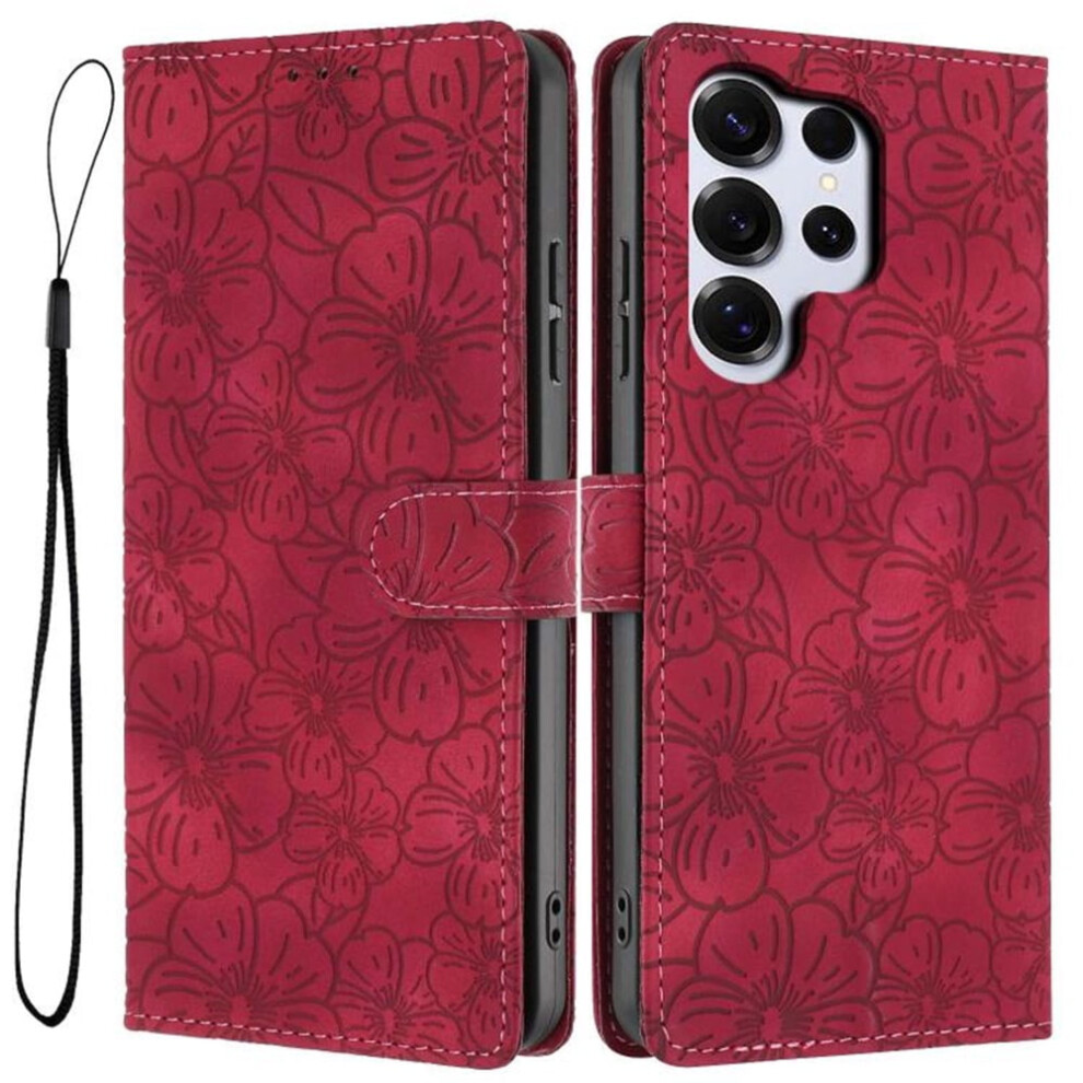 Cherry Blossom Embossed Leather Flip Wallet Case For Red 9130661384872