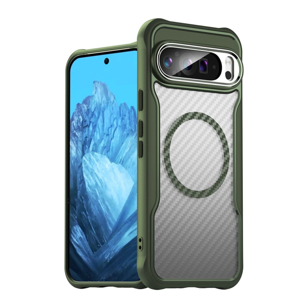 Carbon Fiber Magnetic Case For Google Pixel 9 Pro Xl, Compatible With Magsafe – Translucent Matte, Anti-Fingerprint, Slim Shockproof, Green 9418476672095