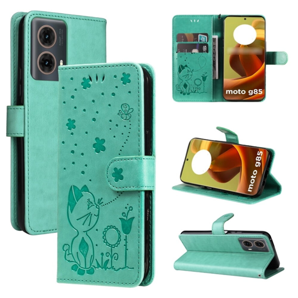 Pu Leather Flip Wallet Case With Magnetic Closure & Card Slots For Motorola Moto G85 6.67", Cat&Bee Pattern Green 9130661906777