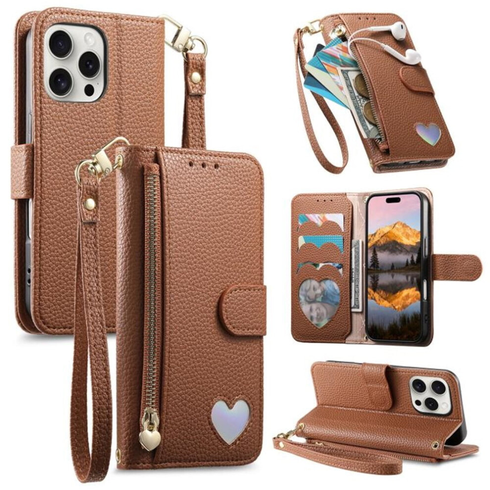 Iphone 16 Pro Leather Wallet Case With Heart Zipper Pocket 9130661384308