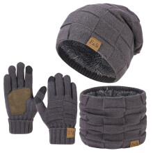 Winter Hat, Scarf & Gloves 3-Piece Set – Fleece-Lined Plaid Knit, Unisex Cold Weather Accessory Set for Skiing, Snowboarding, Commute – Dark Gray