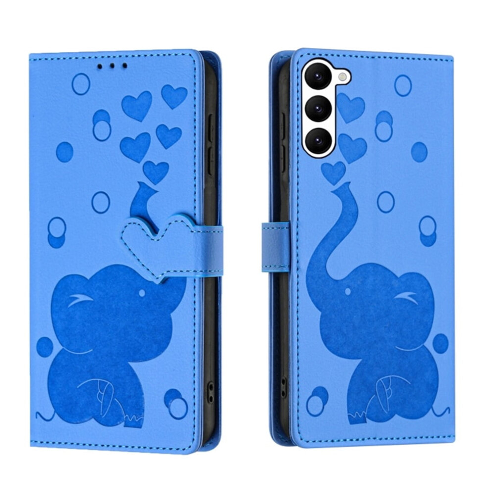Compatible With Samsung Galaxy S23 5G 6.1" Pu Leather Flip Wallet Case Â Cartoon Elephant Embossed, Magnetic Closure, Card Slots, Hand Strap, Blue 9130661909396