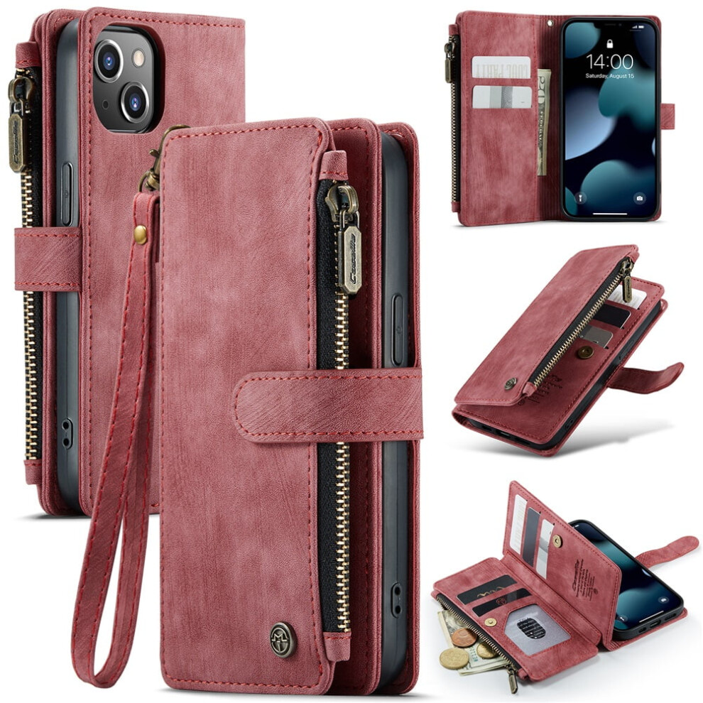 Caseme Wallet Case For Iphone 13 (6.1") Â Pu Leather Magnetic Flip, Lanyard Strap, Zipper Card Holder, Red 9130661909785