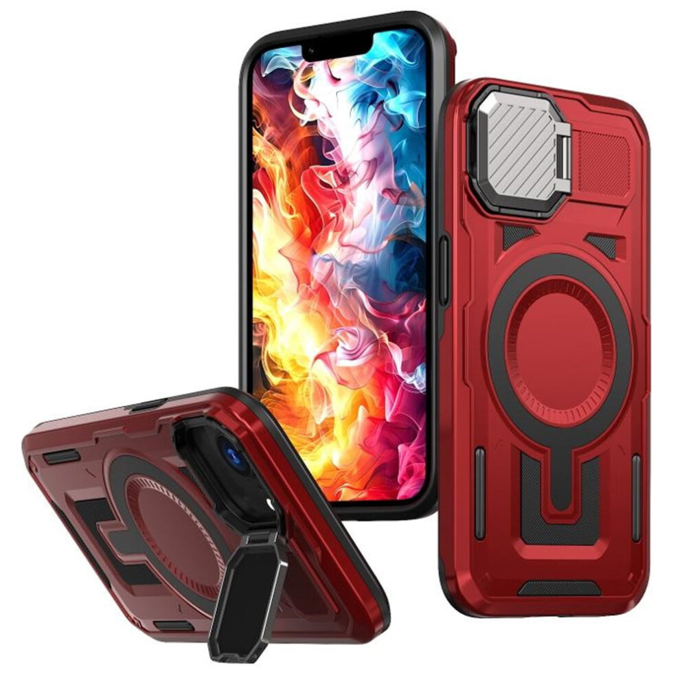 Rugged Magsafe Case For Iphone 16E Â Military-Grade, Adjustable Metal Lens Cover & Stand, Red 9130661911030
