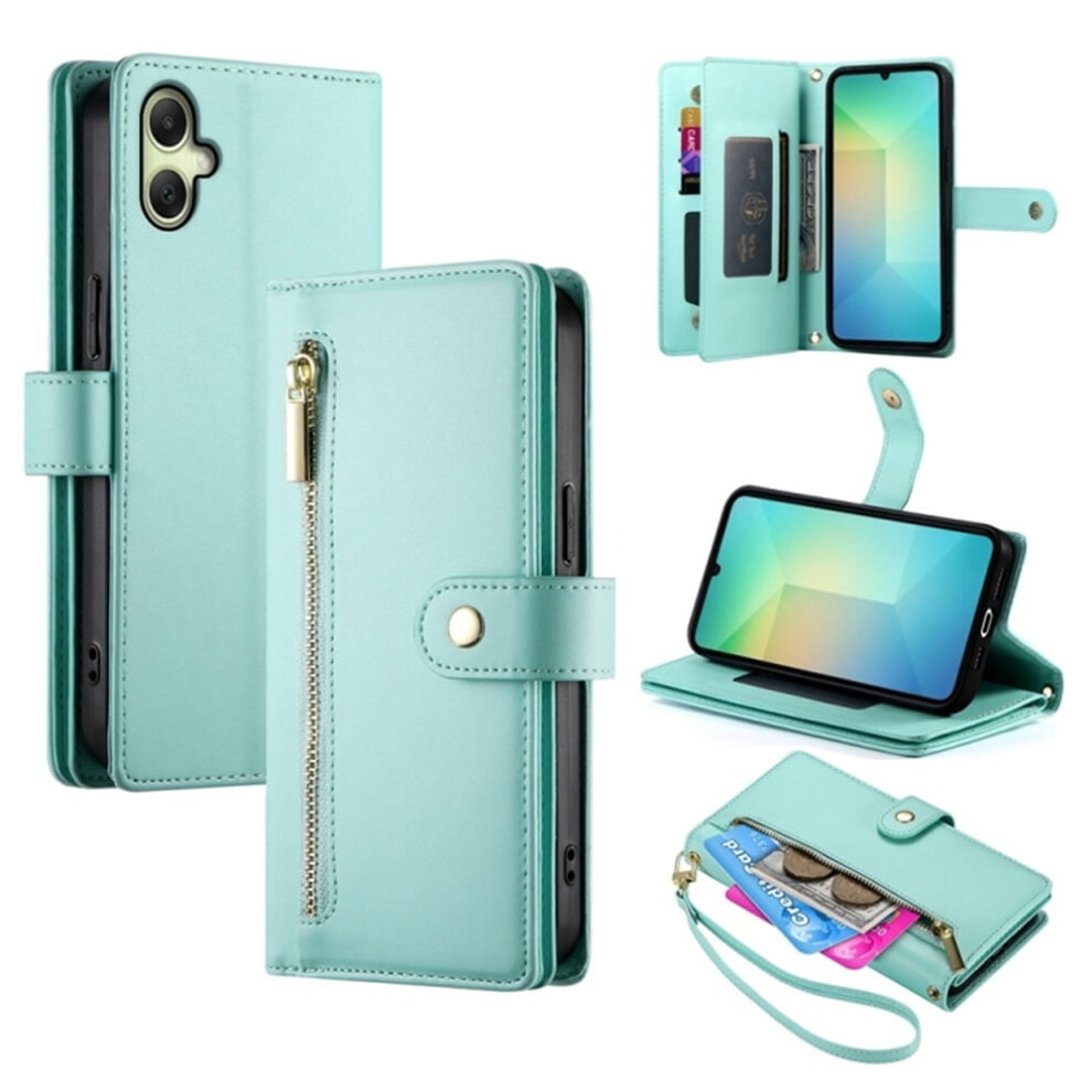 Wallet Case For Samsung Galaxy A06 / A07 4G Â Multi-Card Slots, Zipper Pocket, Lanyard Strap, Leather Green 9130661911252