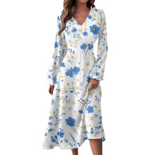 Damen-Herbst-Winter-Freizeitkleid mit V-Ausschnitt, langen Ärmeln und Blumenmuster, Blau, Größe XL