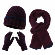 Winter Knit Set, Color Block Cuffed Beanie, Fleece Lined Hat, Matching Scarf & Gloves, 3-Piece Men's & Women's Set, Winter Outdoor Set Wine