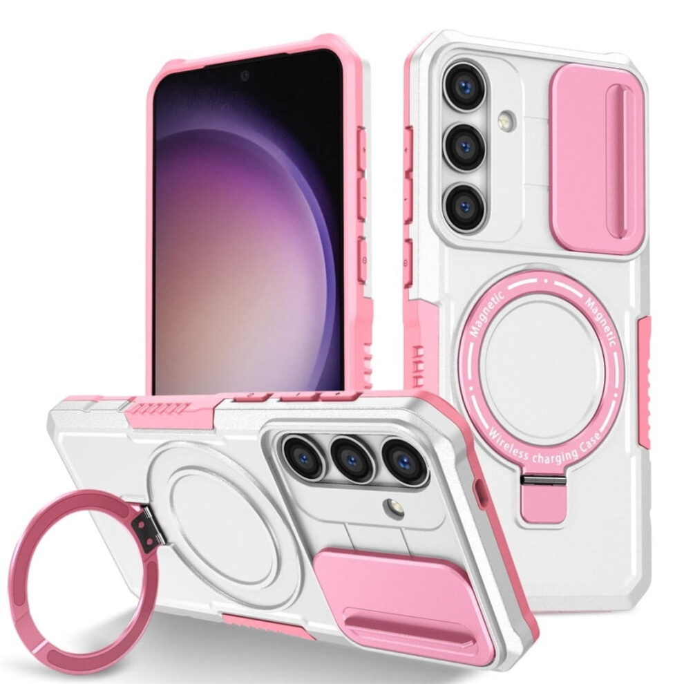 Pink & White Case For Samsung Galaxy S24 6.2" – Sliding Camera Cover, Magsafe-Compatible, Shockproof, With Kickstand & Ring Holder Pink,White 9130661910606