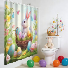Ensemble rideau de douche en polyester sans perçage, motif Pâques, avec 12 crochets - Linge de bain imperméable, décoration multicolore pour