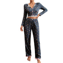 Pyjamaset met lange mouwen en lange broek voor dames - Geschikt als loungewear voor buiten - Blauw, maat S