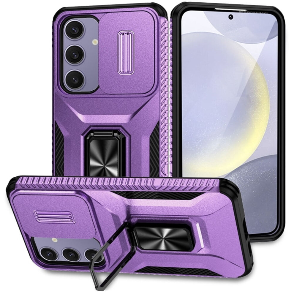 Slim Fit Shockproof Hybrid Case For Compatible With Samsung Galaxy S24 Fe 5G, With Slide Camera Cover & Rotated Ring Kickstand Purple 9170372119202