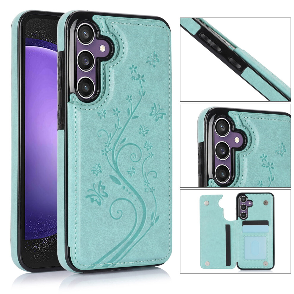 Magnetic Leather Wallet Case For Samsung Galaxy S25 Â Flip Kickstand, Card Slots, Butterfly Embossing, Mint 9170372119738