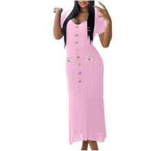 Kurzarm-Strickkleid mit tiefem V-Ausschnitt, figurbetont, mit Knöpfen, perfekt für Club und Party
