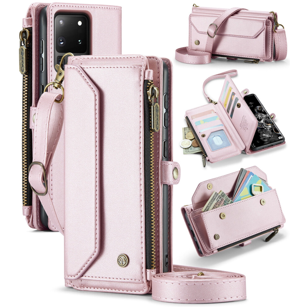 Caseme Leather Wallet Case For Compatible With Samsung Galaxy S20ultra Â Rfid Blocking, 10-Card Holder, Zipper Bills Slot, Magnetic Wrist Strap 9170372120703