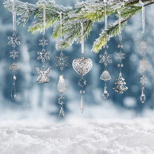 Iridescent Clear Acrylic Snowflake Ornaments with Drop Pendants – Compatible with Xmas Tree, Winter Holiday Party Decoration