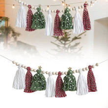 Guirlande de Noël bohème en macramé et pompons en tissu, faite main, lot de 8 pendentifs pastel avec perles en bois pour mur et sapin.